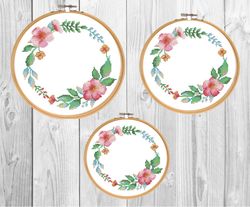 Floral border cross stitch pattern PDF 3 size/ Round flower needlepoint counted chart/ circle watercolor wreath/ spring