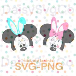Mickey and Minnie Inspired Face Silhouettes with Easter Bunny Ears, SVG, PNG, Cricut, Cut File