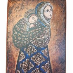 Orthodox wood Icon Icon of the Mother of God - Bearer in a headscarf, Virgin Mary art- Christian wood signs mother Mary
