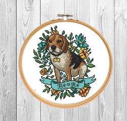 Beagle cross stitch pattern PDF/ dog xstitch/ floral embroidery/ puppy needlepoint counted chart/ dog cross stitch