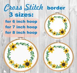 Sunflower border cross stitch pattern PDF 3 size/ Round flower needlepoint counted chart/ circle floral wreath summer