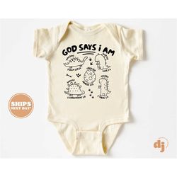 christian baby onesie - god says i am christian bodysuit - retro natural onesie 5783