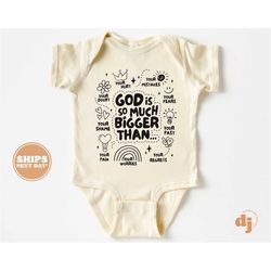 christian baby onesie - god is so much bigger than christian bodysuit - retro natural onesie 5781