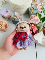 Handmade teddy Bear. Teddy bear in a dress. Teddy bear in a hat with ears. Teddy bear artist. Collectible toy.