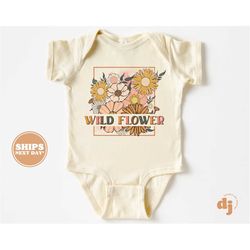 Baby Onesie - Wild Flower Bodysuit - Flower Retro Natural Onesie 5696