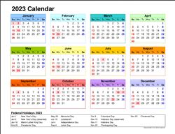 2023 Color Calendar Printable Landscape, Monthly Calendar Federal holidays