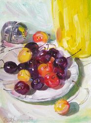Cherries Still Life, Fruit Still Life Original Oil Painting, Fine Art Tea Cup