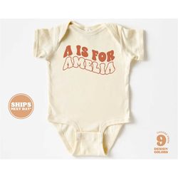personalized baby onesie -  custom bodysuit with retro wavy name - cute personalized natural baby, infant onesie & tee