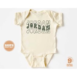 Personalized Baby Onesie -  Custom Bodysuit with Retro Wavy Name - Cute Personalized Natural Baby, Infant Onesie & Tee