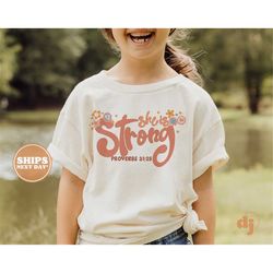 Kids Easter Shirt - She is Strong Kids Retro TShirt - Easter Retro Natural Infant, Toddler & Youth Tee 5548