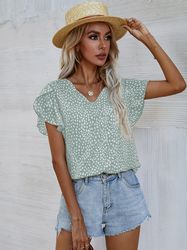 Leopard Print Blouse Casual Petal Sleeve Blouse For Summer Women's Clothing