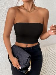 Solid Tube Top Sexy Sleeveless Stretchy Top Women's Clothing