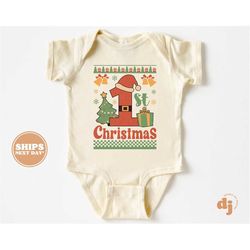 Christmas Baby Onesie - First Christmas Santa Christmas Bodysuit - Retro Holiday Natural Onesie 5446
