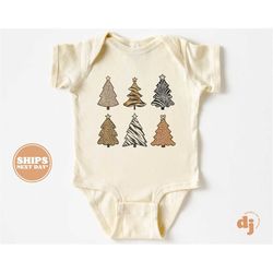 Christmas Baby Onesie - Animal Print Christmas Tree Christmas Bodysuit - Retro Holiday Natural Onesie 5427