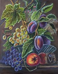 Plums Painting Fruits Original Art Grape Oil Painting on Canvas 50x40cm by Inna Bebrisa