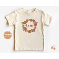 Girls Personalized Name in Floral Wreath Shirt - Custom Name Toddler Shirt - Personalized Natural Infant, Toddler & Yout