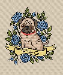 Dog cross stitch pattern tattoo PDF/ Pug funny roses needlepoint counted chart/ cute pet Dog puppy nursery art