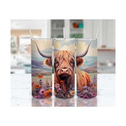 Highland Cow Tumbler Wrap, Flower Tumbler, Animal Tumbler, Cow Sublimation, Instant Digital Download, PNG