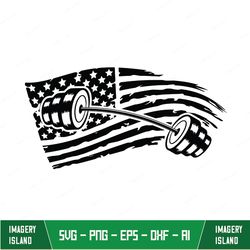 Distressed American Flag with Barbell Svg, Workout Svg, Fitness Svg, Bodybuilding Bar Svg, Dxf, Png, Eps, Cut Files For
