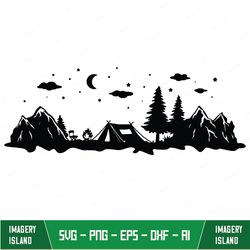 Tent in Forest Svg, Camping, Outdoors, Camper In Forest Svg, Mountains, Campfire Svg, Pine Trees, Png, Eps, Cutting File