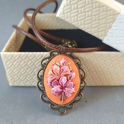 Orange embroidered pendant for her, 4th wedding anniversary gift, custom embroidery jewelry necklace