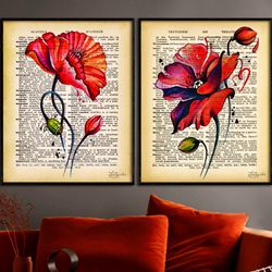 Vintage abstract floral wall art on dictionary book page Set of 2  art prints Red poppy retro poster Oversize canvas art