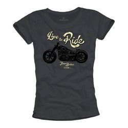 Womens Vintage Biker T-Shirt - Live to Ride - Rockabilly Summer Top with Motorbike Print S-M-L