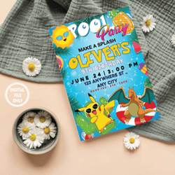 Personalized File Pokemone Birthday Invitation Digital, Pikachu Party Invite, Summer Pool Party Invitation PNG ONLY
