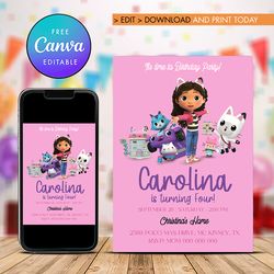 gabbys dollhouse birthday invitation girl editable template canva editable instant download