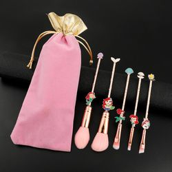 Cute The Little Mermaid Pink Makeup Brushes 5Pcs Set Mermaid Princess Soft Comfortable Specialized Makeup Brush With Bag