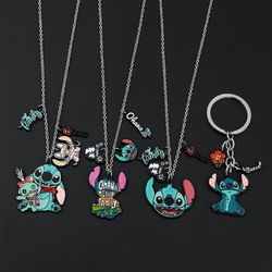 Disney Cartoon Lilo & Stitch Necklace Ohana Means Family Stitch Enamel Pendant Neck Chain Necklaces for Women Jewelry
