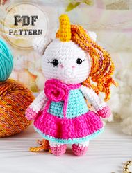 DOLL PATTERNSUNICORN PATTERNS Crochet Unicorn Girl with Dress Amigurumi PDF Pattern