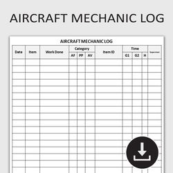 Printable Aircraft Mechanic Log, Aviation Maintenance Tracker, Airplane Repair Record, Editable Template