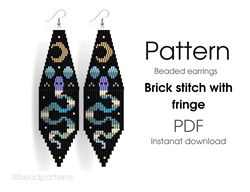 Beaded earrings PATTERN for brick stitch with fringe - Night sky, snake, moon, witch - Instant download