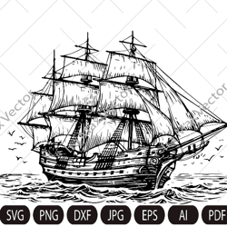 Pirate Ship SVG, Frigate, Pirate SVG, Pirate Ship Silhouette SVG, Ship detailed svg, Sailboat svg, Pirate Ship Captain