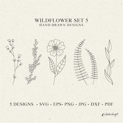 Wildflowers Set 5 SVG Cliparts, Floral Cricut, Blumen Doodle Svg, Wildflower Cricut, Digital Botanical Silhouette, Wildf
