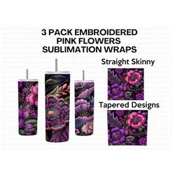 20 oz embroidered pink and purple flower tumbler sublimation wraps bundle, floral designs png bundle, straight, tapered,