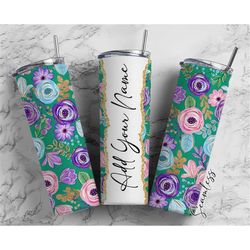 Pink Blue Flowers Add Your Own Name, 20oz Sublimation Tumbler Designs, Skinny Tumbler Wraps Template - 172