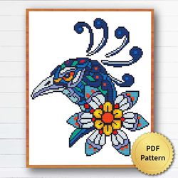 Mandala Bird Peacock Flower Cross Stitch Pattern. Modern Gothic Cross Stitch. Mystical Magic Witch Theme Cottagecore