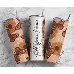 Retro Butterflies Add Your Own Name, 20oz Sublimation Tumbler Designs, Skinny Tumbler Wraps Template - 58 PATTERN