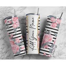 Watercolor Florals, Stripes Pattern, Flower Add Your Own Name, 20oz Sublimation Tumbler Designs, Skinny Tumbler Wraps Te