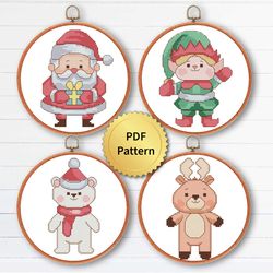 SET of 4 Funny Christmas Santa Deer Bear Elf Cross Stitch Pattern, Easy Cute Christmas Ornaments Embroidery, Counted Cha