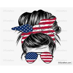 USA Flag American Patriotic Mom Bun Hair Sunglasses Headband Mom Life PNG, American Girl png, messy bun png -Clipart, Pr