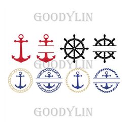 Nautical SVG Bundle – Anchor Rope SVG – Ship Boat Wheel SVG – Split Name Frame Monogram Svg Bundle – Boating Sailing Svg