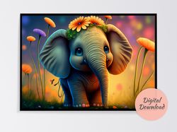 Baby Elephant Wall Art, Enhance Your Home Decor with Cartoon Style Digital Art Prints, Digital Download