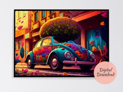 Flowers Car Wall Art, Brighten Your Space with Colorful Digital Art Prints, Printable Wall Art, Digital Download