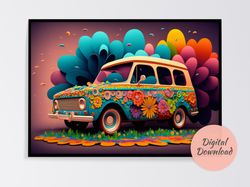Flowers Car Wall Art, Brighten Your Space with Colorful Digital Art Prints, Printable Wall Art, Digital Download