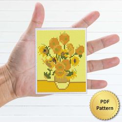 Sunflowers in vase Cross Stitch Pattern. Vincent Van Gogh Cross Stitch Chart. Art Drawing Masterpiece, Easy Tiny Small