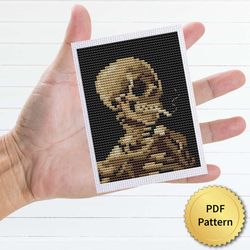 Skull of a Skeleton with Burning Cigarette Cross Stitch Pattern. Vincent Van Gogh Cross Stitch Chart. Miniature Art Tiny