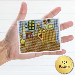 Bedroom in Arles by Vincent Van Gogh Cross Stitch Pattern. Miniature Art Cross Stitch, Easy Tiny Drawing Masterpiece